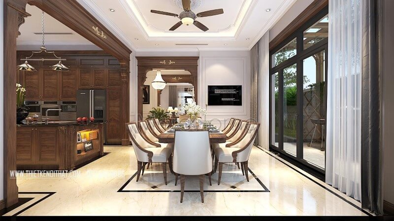 Cùng Morehome làm đẹp không gian nội thất phòng ăn với bộ bàn ghế ăn gỗ óc chó tinh tế này thiết kế biệt thự