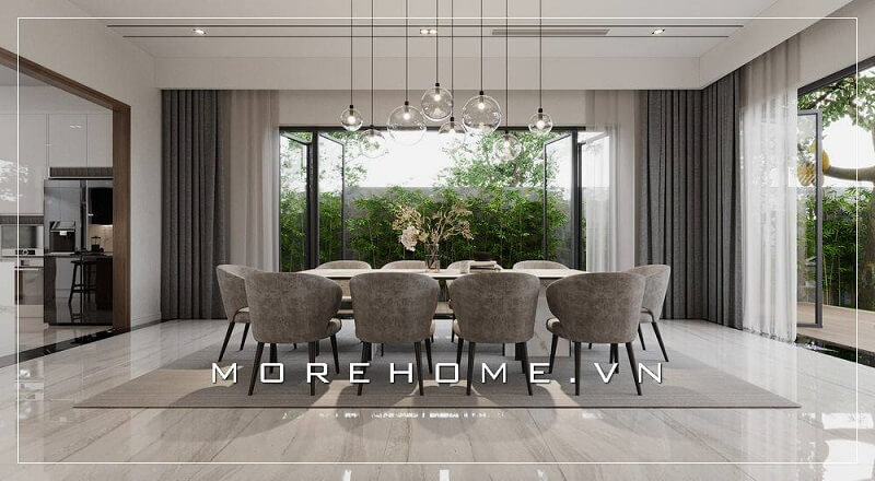 Mẫu thiết kế nội thất phòng ăn biệt thư với bộ bàn ghế ăn cao cấp tạo điểm nhấn bật cho không gian căn nhà thiết kế biệt thự