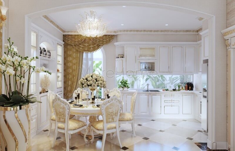 Thiết kế khu vực phòng ăn biệt thự theo xu hướng mở, tạo cảm giác rộng thoáng hơn cho không gian dùng bữa của gia chủ thiết kế biệt thự