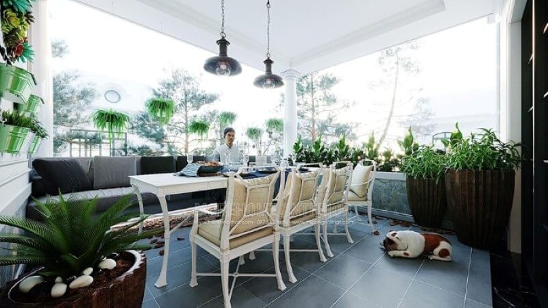 Bộ bàn ghế sofa ngoài trời độc đáo, sáng tạo nhưng lại mang nét hài hòa giữa sofa văng hiện đại và bộ bàn 3 ghế tân cổ điển sang trọng. thiết kế biệt thự