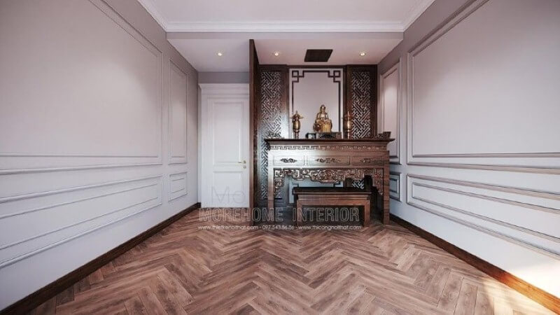 Tủ thờ kết hợp vách ngăn gỗ đẹp tạo nét trang trọng cho phòng thờ chung cư, biệt thự, nhà phố. thiết kế biệt thự