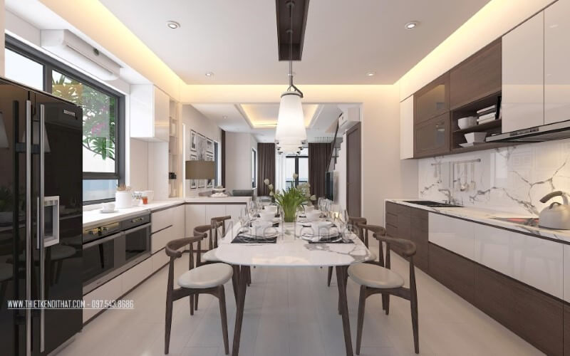 Phòng bếp hiện đại độc đáo với nội thất gỗ óc chó chủ điểm nhấn. thiết kế biệt thự