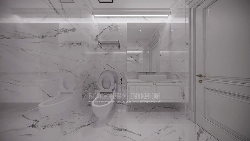 Trang trí phòng vệ sinh nhỏ đẹp ấn tượng với đá lát nền, ốp tường đồng bộ tạo nên sự độc đáo, mới lạ cho không gian. thiết kế biệt thự