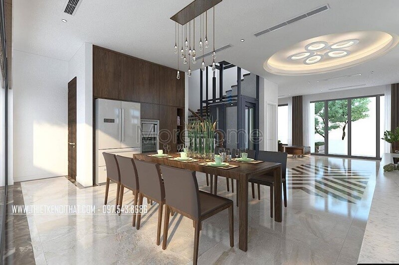 Thiết kế phòng ăn biệt thự sang trọng với bộ bàn ăn 8 ghế gỗ tự nhiện đẹp tạo điểm nhấn nổi bật cho không gian thiết kế biệt thự