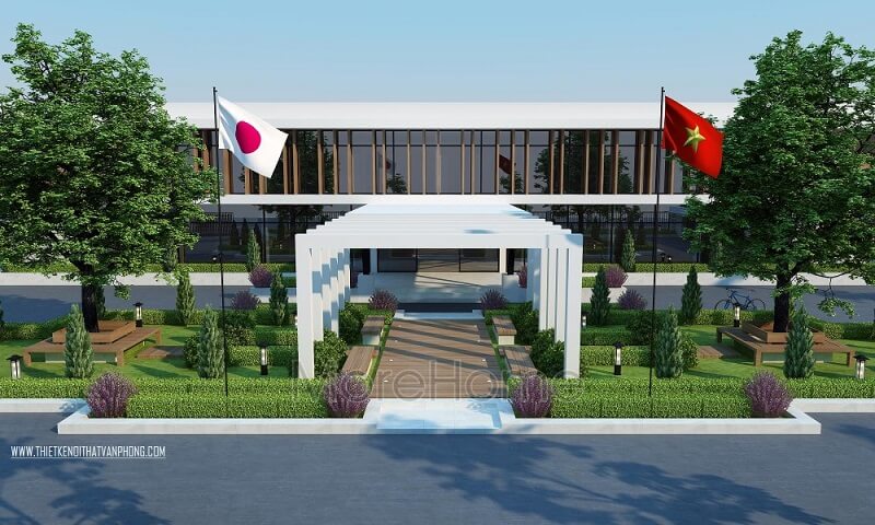 Cổng vào công ty Bình Minh được thiết kế dạng đơn khung đơn giản, không cầu kỳ, vừa tạo điểm nhấn cho không gian lại góp phần định hình đường đi, lối vào thiết kế kiến trúc